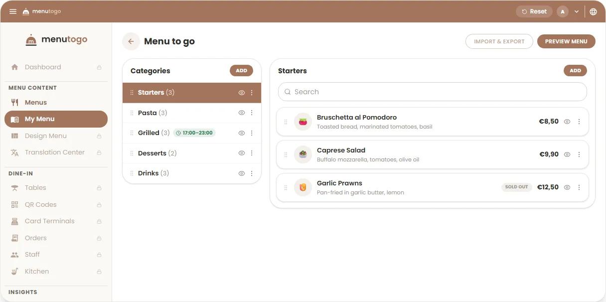 Open the MenuToGo demo: dashboard with menu categories, dishes and prices