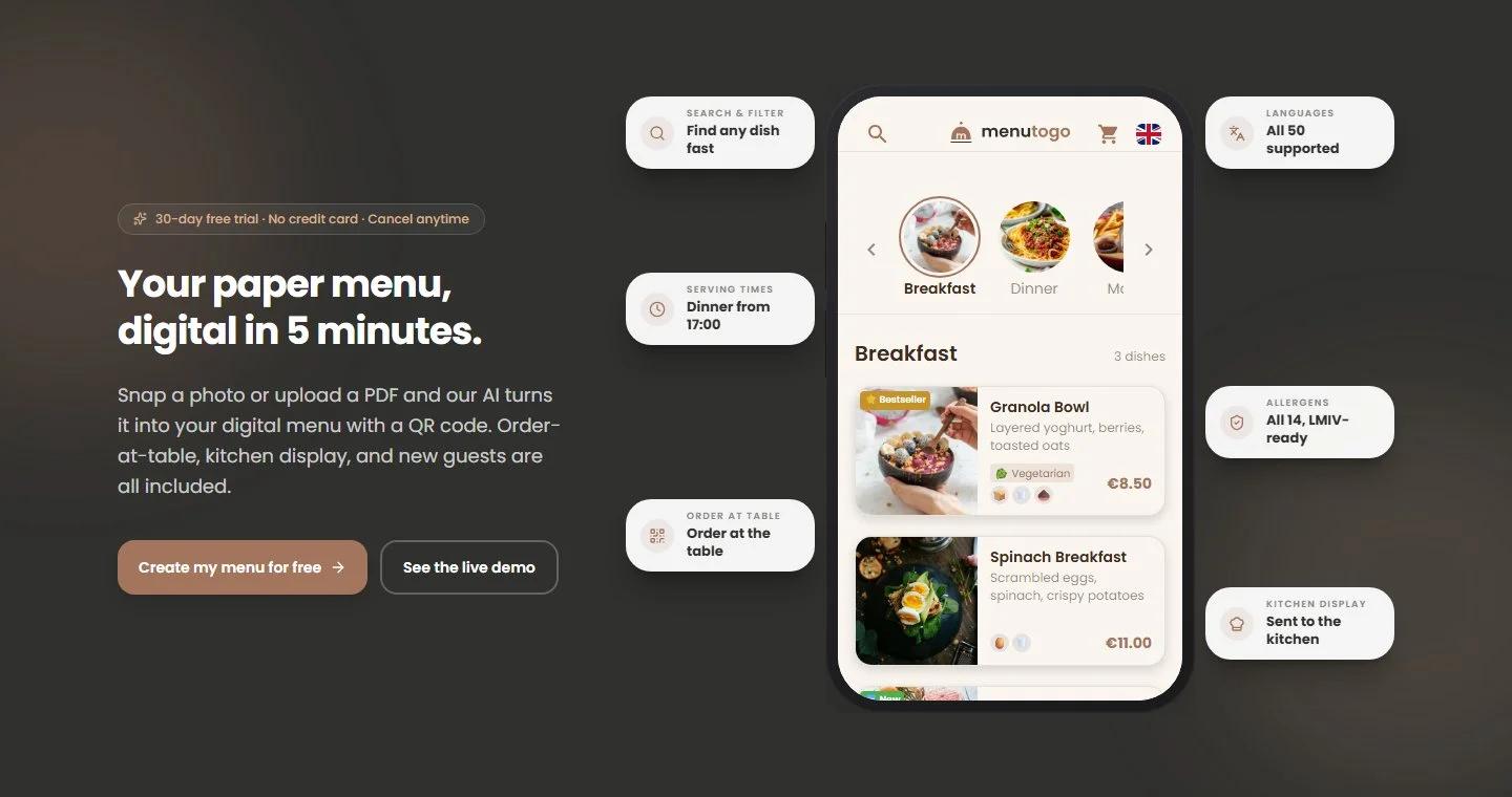 Open MenuToGo: website showing a digital restaurant menu on a phone